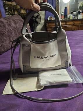 Small/ Mini Balenciaga Cream Canvas & Gray Leather Satchel